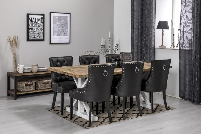 Ruokailuryhmä Yorkshire 200 cm Jatkettava 6 Hermione tuolia - Luonnonväri/Valkoinen/Musta - Huonekalut - Pöytä & ruokailuryhmä - Ruokailuryhmä