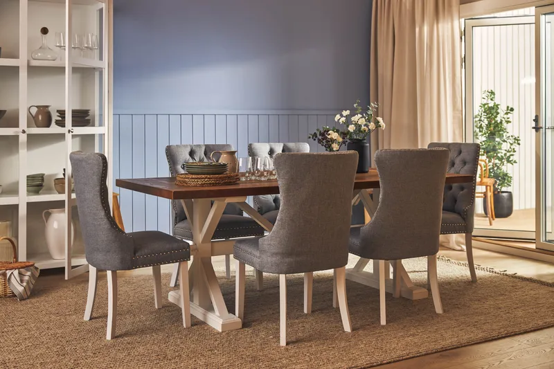 Ruokailuryhmä Yorkshire 200 cm Jatkettava 6 Lossmen tuolia - Ruskea / Valkoinen - Huonekalut - Pöytä & ruokailuryhmä - Ruokailuryhmä