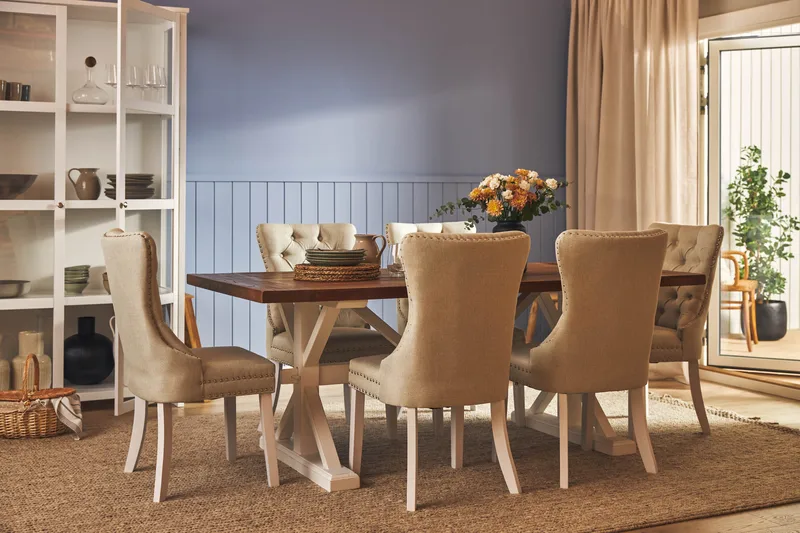 Ruokailuryhmä Yorkshire 200 cm Jatkettava 6 Lossmen tuolia - Ruskea / Valkoinen - Huonekalut - Pöytä & ruokailuryhmä - Ruokailuryhmä