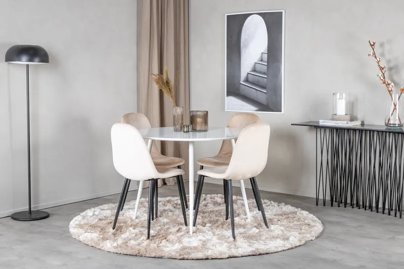 Ruokailuryhmä Pinilla 100 cm Pyöreä 4 Tommy tuolia - Valkoinen/Musta/Beige - Huonekalut - Pöytä & ruokailuryhmä - Ruokailuryhmä