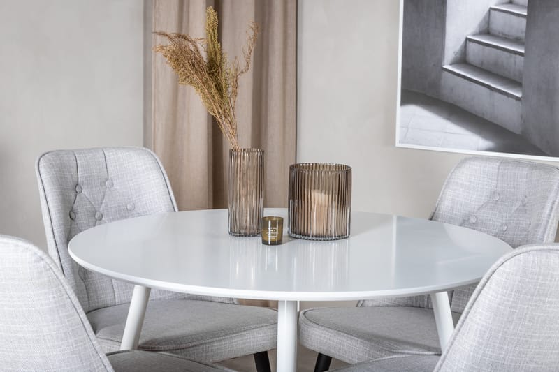 Ruokailuryhmä Pinilla 100 cm Pyöreä 4 Chantor tuolia - Valkoinen/Harmaa - Huonekalut - Pöyt ä & ruokailuryhmä - Ruokailuryhmä