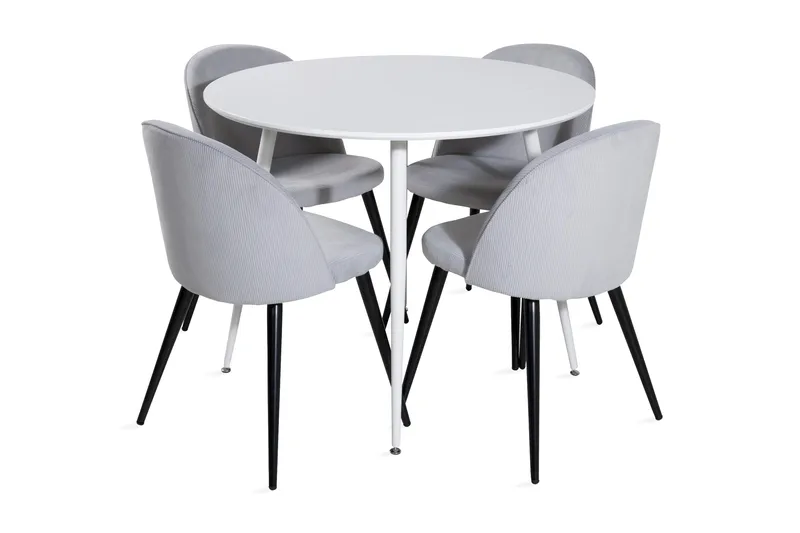 Ruokailuryhmä Pinilla 100 cm Pyöreä 4 Luisa vakosamettituoli, Valkoinen/Harmaa