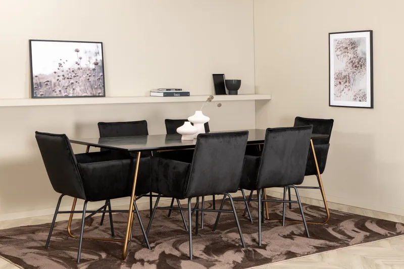 Ruokailuryhmä Pipaon 190 cm sis 6 Pipaon tuolia, Musta/Kupari