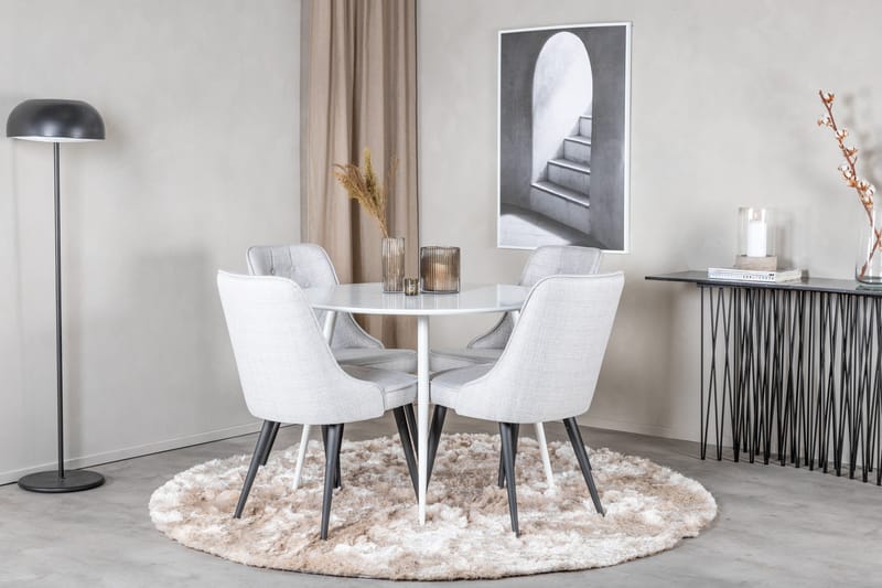 Ruokailuryhmä Pinilla 100 cm Pyöreä 4 Chantor tuolia - Valkoinen/Harmaa - Huonekalut - Pöytä & ruokailuryhmä - Ruokailuryhmä