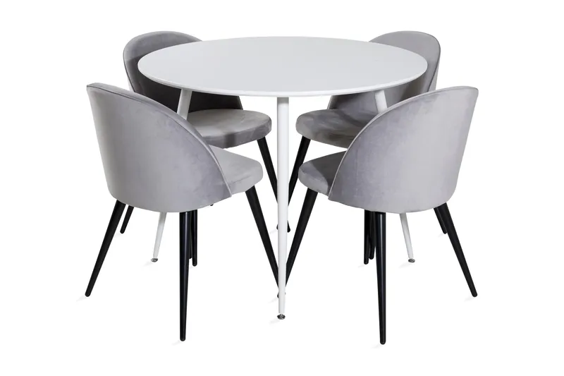 Ruokailuryhmä Pinilla 100 cm Pyöreä 4 Luisa samettituolia, Valkoinen/Vaaleanharmaa