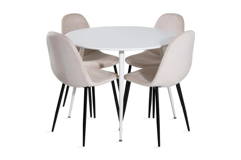 Ruokailuryhmä Pinilla 100 cm Pyöreä 4 Tommy tuolia, Valkoinen/Musta/Beige