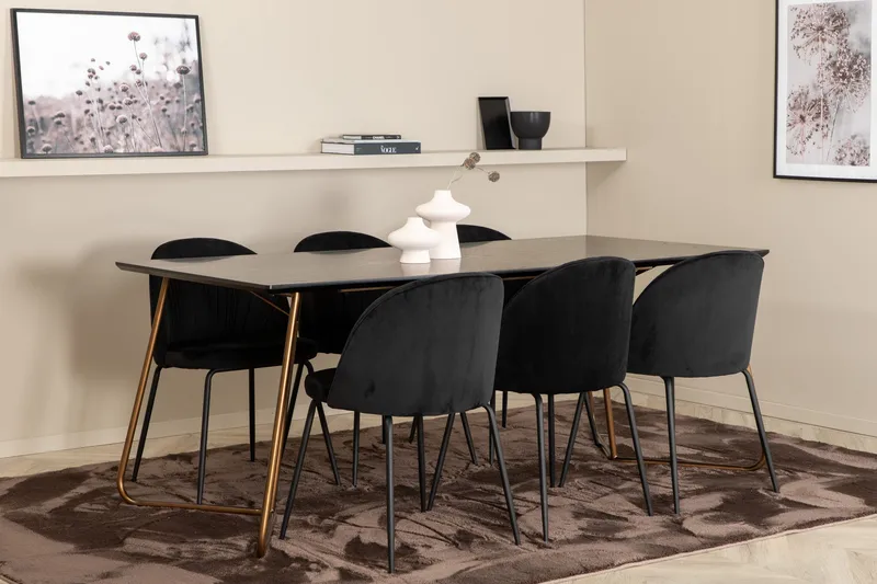 Ruokailuryhmä Pipaon 190 cm sis 6 Matanza tuolia, Musta/Kupari