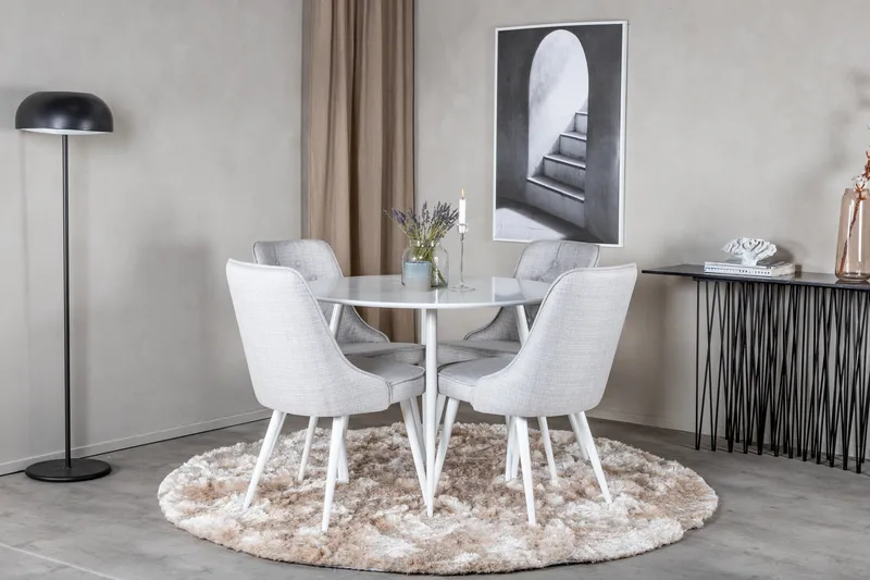 Ruokailuryhmä Pinilla 100 cm Pyöreä 4 Chantor tuolia - Valkoinen/Harmaa - Huonekalut - Pöytä & ruokailuryhmä - Ruokailuryhmä