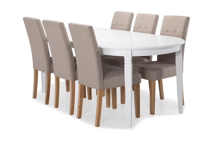 Ruokapöytä Lowisa 6 Leo tuolia - Valkoinen/Beige/Tammi - Ruokailuryhmä