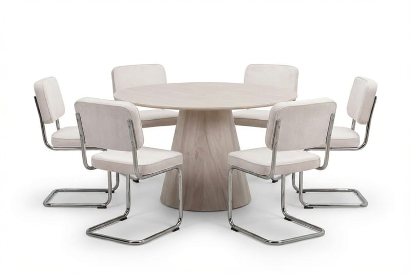 Siena-ruokailuryhmä, pyöreä 130 cm, valkolakattu, 6 Milva-ruokatuolia, Valkolakattu/beige/kromi