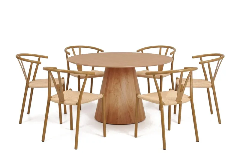 Siena-ruokailuryhmä, pyöreä 130 cm, tammi, 6 Elysia-ruokatuolia, Tammi
