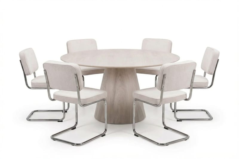 Siena-ruokailuryhmä, pyöreä 150 cm, valkolakattu, 6 Milva-ruokatuolia, Valkolakattu/beige/kromi