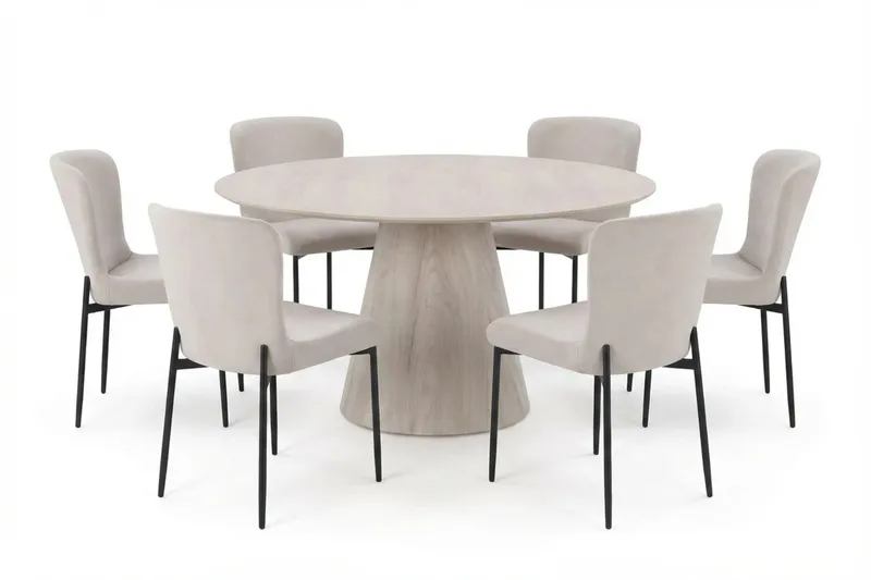 Siena-ruokailuryhmä, pyöreä 150 cm, valkokuullotettu, 6 Elsie-ruokatuolia, Valkokuullotettu/beige