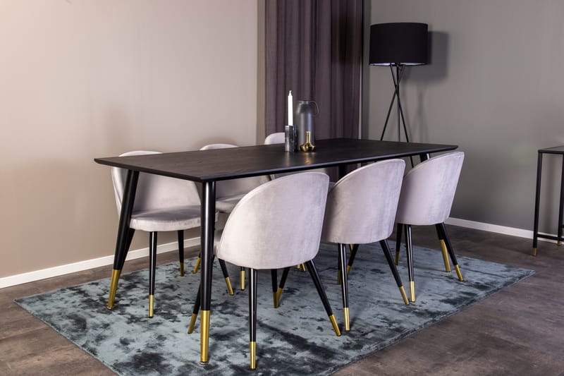 Ruokailuryhmä Venture Home Balisa-ruokailuryhmä 180 cm, suorakaiteen muotoinen, 6 Sedavi-tuolia Musta/KULTA/Vaaleanharmaa - Huonekalut - Pöytä & ruokailuryhmä - Ruokailuryhmä