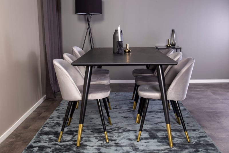 Ruokailuryhmä Venture Home Balisa-ruokailuryhmä 180 cm, suorakaiteen muotoinen, 6 Sedavi-tuolia Musta/KULTA/Vaaleanharmaa - Huonekalut - Pöytä & ruokailuryhmä - Ruokailuryhmä