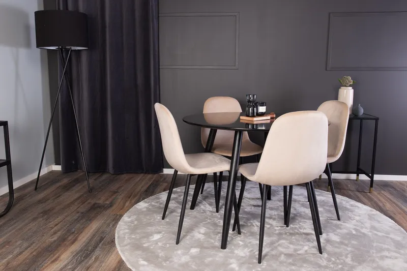Ruokailuryhmä Venture Home Deandra-ruokailuryhmä 100 cm, pyöreä, 4 Bennie-tuolia Beige/Musta - Huonekalut - Pöytä & ruokailuryhmä - Ruokailuryhmä