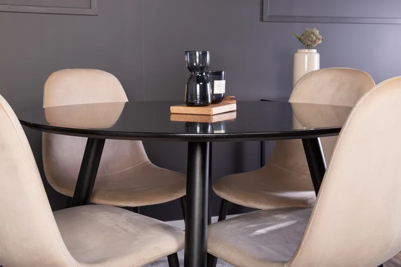 Ruokailuryhmä Venture Home Deandra-ruokailuryhmä 100 cm, pyöreä, 4 Bennie-tuolia Beige/Musta - Huonekalut - Pöytä & ruokailuryhmä - Ruokailuryhmä