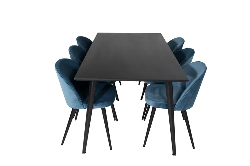 Ruokailuryhmä Venture Home Dipp-ruokailuryhmä 180 cm, suorakaiteen muotoinen, 6 Velvet-tuolia Musta/Sininen, undefined