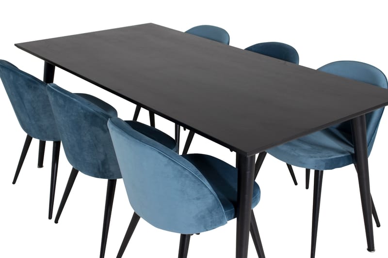 Ruokailuryhmä Venture Home Dipp-ruokailuryhmä 180 cm, suorakaiteen muotoinen, 6 Velvet-tuolia Musta/Sininen - Huonekalut - Pöytä & ruokailuryhmä - Ruokailuryhmä