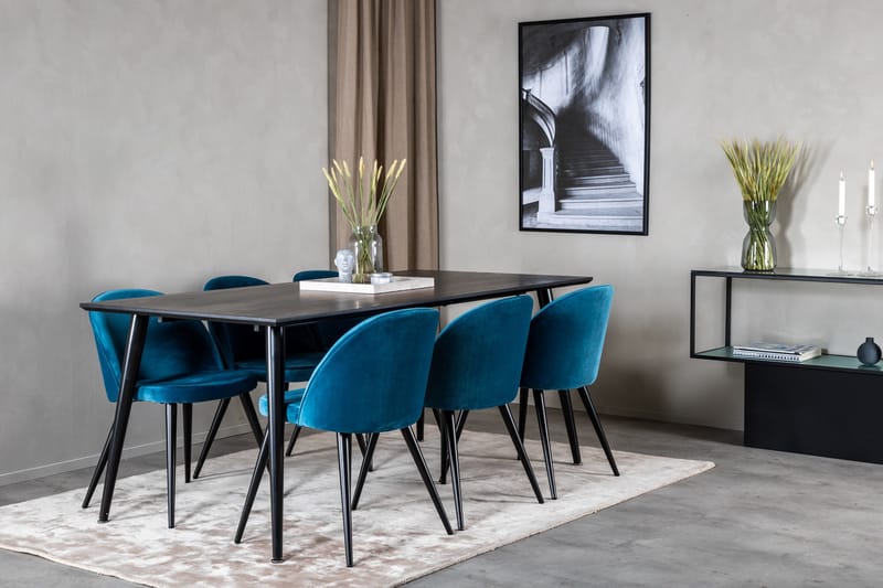 Ruokailuryhmä Venture Home Dipp-ruokailuryhmä 180 cm, suorakaiteen muotoinen, 6 Velvet-tuolia Musta/Sininen - Huonekalut - Pöytä & ruokailuryhmä - Ruokailuryhmä