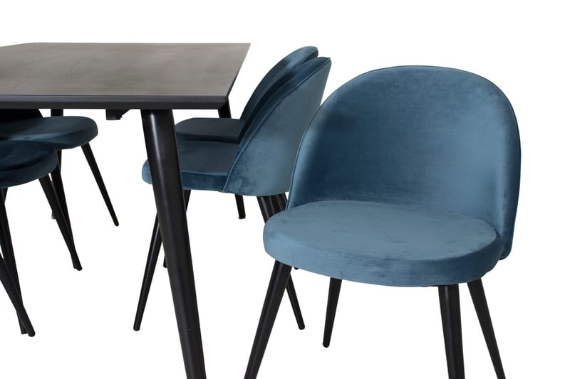Ruokailuryhmä Venture Home Dipp-ruokailuryhmä 180 cm, suorakaiteen muotoinen, 6 Velvet-tuolia Musta/Sininen - Huonekalut - Pöytä & ruokailuryhmä - Ruokailuryhmä