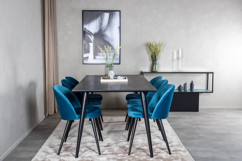 Ruokailuryhmä Venture Home Dipp-ruokailuryhmä 180 cm, suorakaiteen muotoinen, 6 Velvet-tuolia Musta/Sininen - Huonekalut - Pöytä & ruokailuryhmä - Ruokailuryhmä