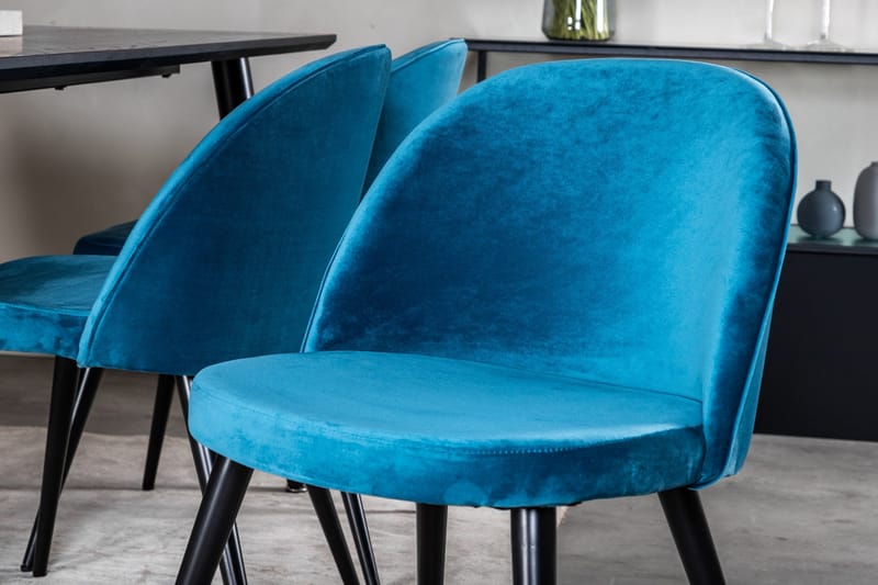 Ruokailuryhmä Venture Home Dipp-ruokailuryhmä 180 cm, suorakaiteen muotoinen, 6 Velvet-tuolia Musta/Sininen - Huonekalut - Pöytä & ruokailuryhmä - Ruokailuryhmä