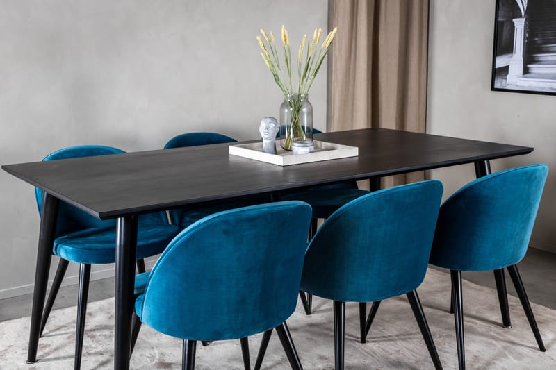 Ruokailuryhmä Venture Home Dipp-ruokailuryhmä 180 cm, suorakaiteen muotoinen, 6 Velvet-tuolia Musta/Sininen - Huonekalut - Pöytä & ruokailuryhmä - Ruokailuryhmä