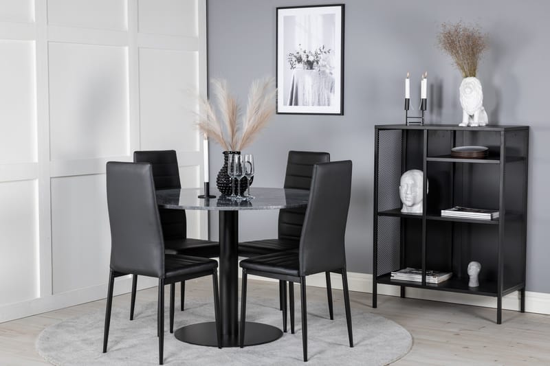 Ruokailuryhmä Venture Home Estelle-ruokailuryhmä 106 cm pyöreä, sisältää 4 Slim-tuolia Musta - Huonekalut - Pöytä & ruokailuryhmä - Ruokailuryhmä