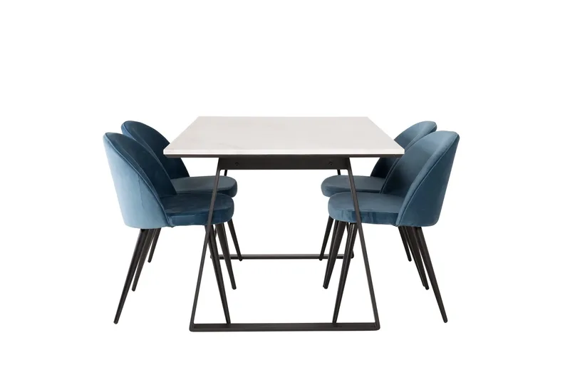 Ruokailuryhmä Venture Home Estelle-ruokailuryhmä 140 cm, suorakaiteen muotoinen, 4 Velvet-tuolia Musta/sininen/valkoinen, undefined