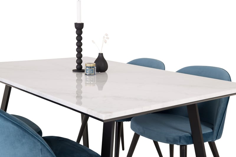 Ruokailuryhmä Venture Home Estelle-ruokailuryhmä 140 cm, suorakaiteen muotoinen, 4 Velvet-tuolia Musta/sininen/valkoinen - Huonekalut - Pöytä & ruokailuryhmä - Ruokailuryhmä