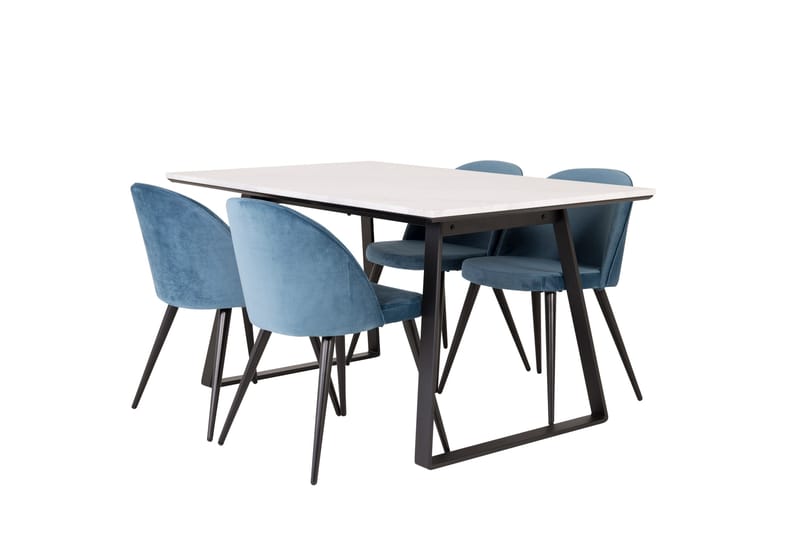 Ruokailuryhmä Venture Home Estelle-ruokailuryhmä 140 cm, suorakaiteen muotoinen, 4 Velvet-tuolia Musta/sininen/valkoinen - Huonekalut - Pöytä & ruokailuryhmä - Ruokailuryhmä
