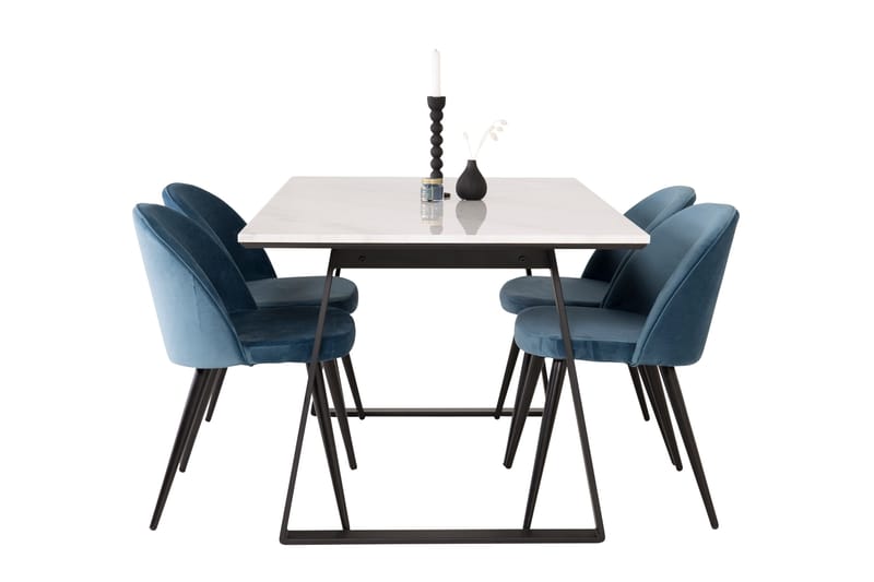Ruokailuryhmä Venture Home Estelle-ruokailuryhmä 140 cm, suorakaiteen muotoinen, 4 Velvet-tuolia Musta/sininen/valkoinen - Huonekalut - Pöytä & ruokailuryhmä - Ruokailuryhmä