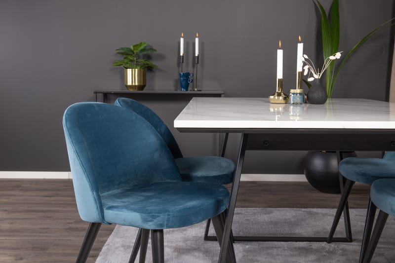 Ruokailuryhmä Venture Home Estelle-ruokailuryhmä 140 cm, suorakaiteen muotoinen, 4 Velvet-tuolia Musta/sininen/valkoinen - Huonekalut - Pöytä & ruokailuryhmä - Ruokailuryhmä