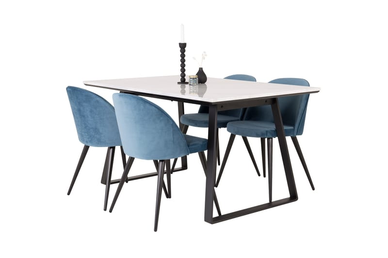 Ruokailuryhmä Venture Home Estelle-ruokailuryhmä 140 cm, suorakaiteen muotoinen, 4 Velvet-tuolia Musta/sininen/valkoinen - Huonekalut - Pöytä & ruokailuryhmä - Ruokailuryhmä