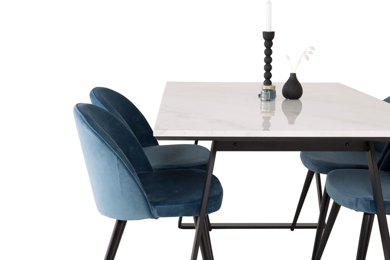 Ruokailuryhmä Venture Home Estelle-ruokailuryhmä 140 cm, suorakaiteen muotoinen, 4 Velvet-tuolia Musta/sininen/valkoinen - Huonekalut - Pöytä & ruokailuryhmä - Ruokailuryhmä
