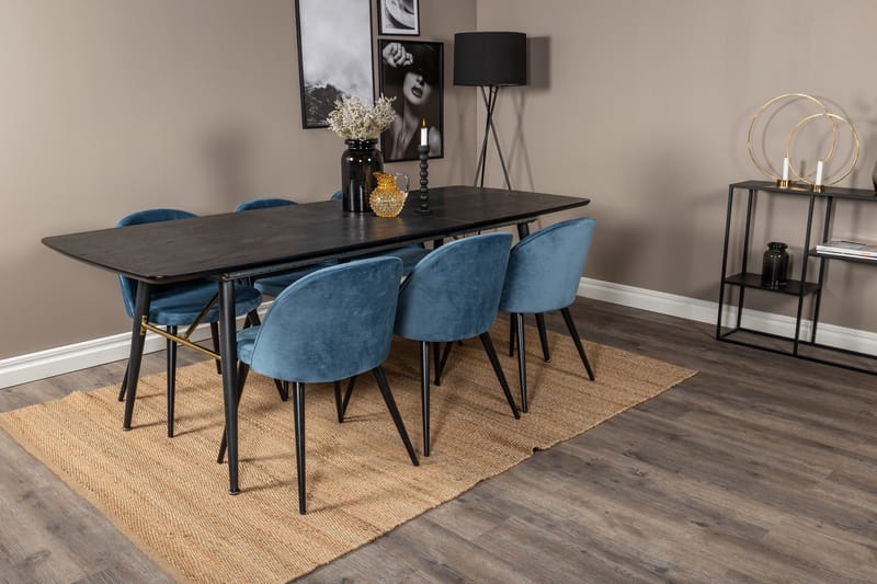 Ruokailuryhmä Venture Home Gold-ruokailuryhmä, jatkettava, 180–220 cm, suorakaiteen muotoinen, 6 Velvet-tuolia Musta/Sininen - Huonekalut - Pöytä & ruokailuryhmä - Ruokailuryhmä