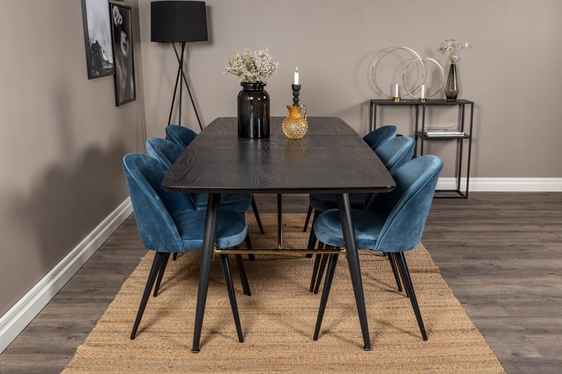 Ruokailuryhmä Venture Home Gold-ruokailuryhmä, jatkettava, 180–220 cm, suorakaiteen muotoinen, 6 Velvet-tuolia Musta/Sininen - Huonekalut - Pöytä & ruokailuryhmä - Ruokailuryhmä