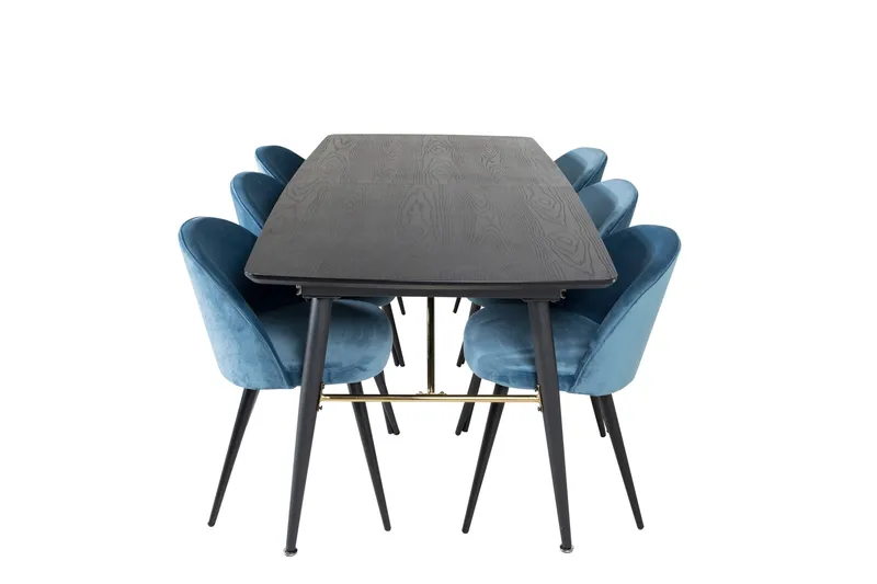Ruokailuryhmä Venture Home Gold-ruokailuryhmä, jatkettava, 180–220 cm, suorakaiteen muotoinen, 6 Velvet-tuolia Musta/Sininen, undefined