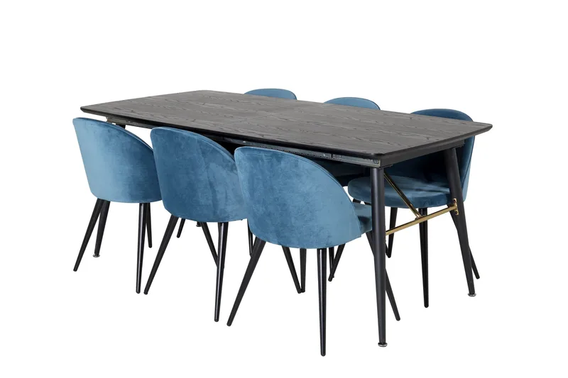 Ruokailuryhmä Venture Home Gold-ruokailuryhmä, jatkettava, 180–220 cm, suorakaiteen muotoinen, 6 Velvet-tuolia Musta/Sininen - Huonekalut - Pöytä & ruokailuryhmä - Ruokailuryhmä