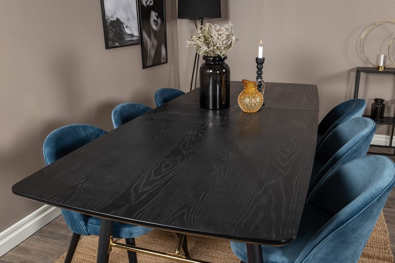 Ruokailuryhmä Venture Home Gold-ruokailuryhmä, jatkettava, 180–220 cm, suorakaiteen muotoinen, 6 Velvet-tuolia Musta/Sininen - Huonekalut - Pöytä & ruokailuryhmä - Ruokailuryhmä