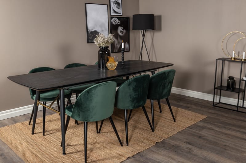 Ruokailuryhmä Venture Home Gold-ruokailuryhmä, jatkettava, 180–220 cm, suorakaiteen muotoinen, 6 Velvet-tuolia Musta/Vihreä - Huonekalut - Pöytä & ruokailuryhmä - Ruokailuryhmä