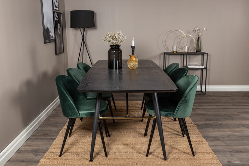 Ruokailuryhmä Venture Home Gold-ruokailuryhmä, jatkettava, 180–220 cm, suorakaiteen muotoinen, 6 Velvet-tuolia Musta/Vihreä - Huonekalut - Pöytä & ruokailuryhmä - Ruokailuryhmä
