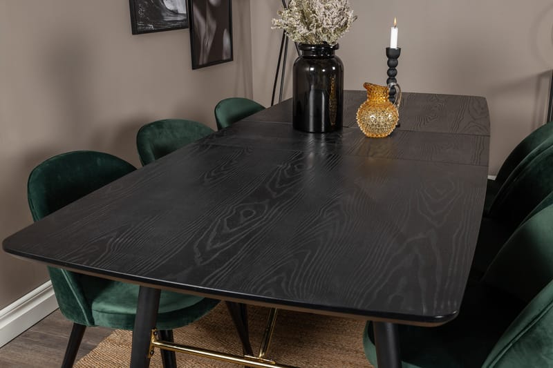 Ruokailuryhmä Venture Home Gold-ruokailuryhmä, jatkettava, 180–220 cm, suorakaiteen muotoinen, 6 Velvet-tuolia Musta/Vihreä - Huonekalut - Pöytä & ruokailuryhmä - Ruokailuryhmä