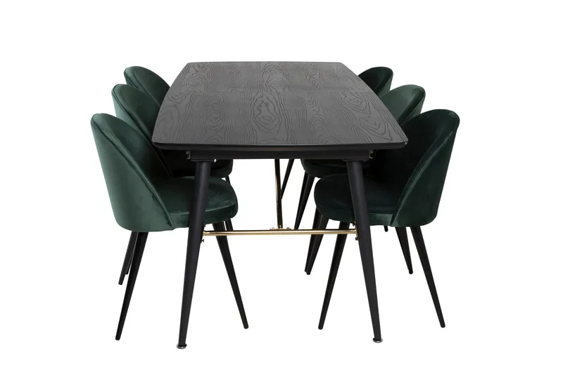Ruokailuryhmä Venture Home Gold-ruokailuryhmä, jatkettava, 180–220 cm, suorakaiteen muotoinen, 6 Velvet-tuolia Musta/Vihreä, undefined