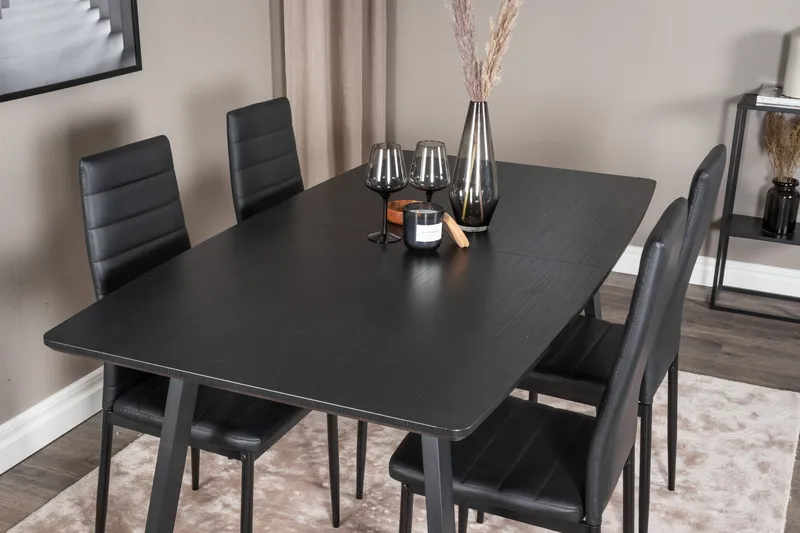 Ruokailuryhmä Venture Home Inca-jatkettava ruokailuryhmä 160 cm suorakaiteen muotoinen, sisältää 4 Slim-tuolia Musta - Huonekalut - Pöytä & ruokailuryhmä - Ruokailuryhmä