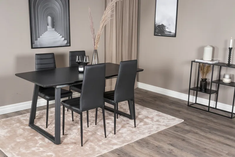 Ruokailuryhmä Venture Home Inca-jatkettava ruokailuryhmä 160 cm suorakaiteen muotoinen, sisältää 4 Slim-tuolia Musta - Huonekalut - Pöytä & ruokailuryhmä - Ruokailuryhmä