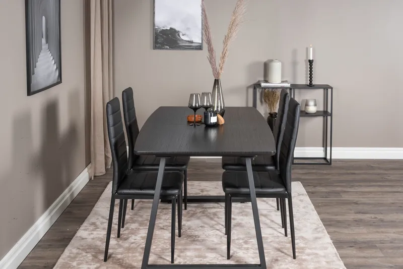 Ruokailuryhmä Venture Home Inca-jatkettava ruokailuryhmä 160 cm suorakaiteen muotoinen, sisältää 4 Slim-tuolia Musta - Huonekalut - Pöytä & ruokailuryhmä - Ruokailuryhmä