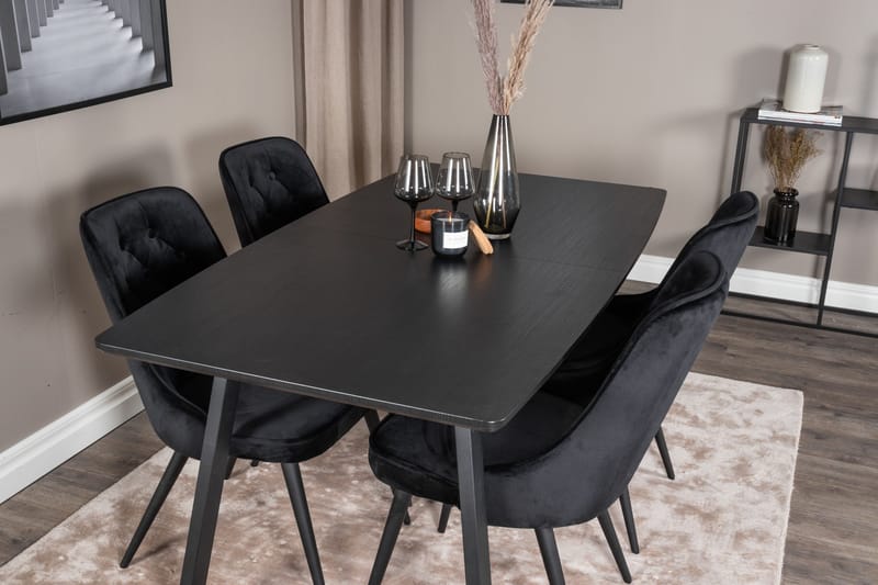 Ruokailuryhmä Venture Home Inca-jatkettava ruokailuryhmä 160 cm suorakaiteen muotoinen, sisältää 4 Velvet Deluxe -tuolia Musta - Huonekalut - Pöytä & ruokailuryhmä - Ruokailuryhmä