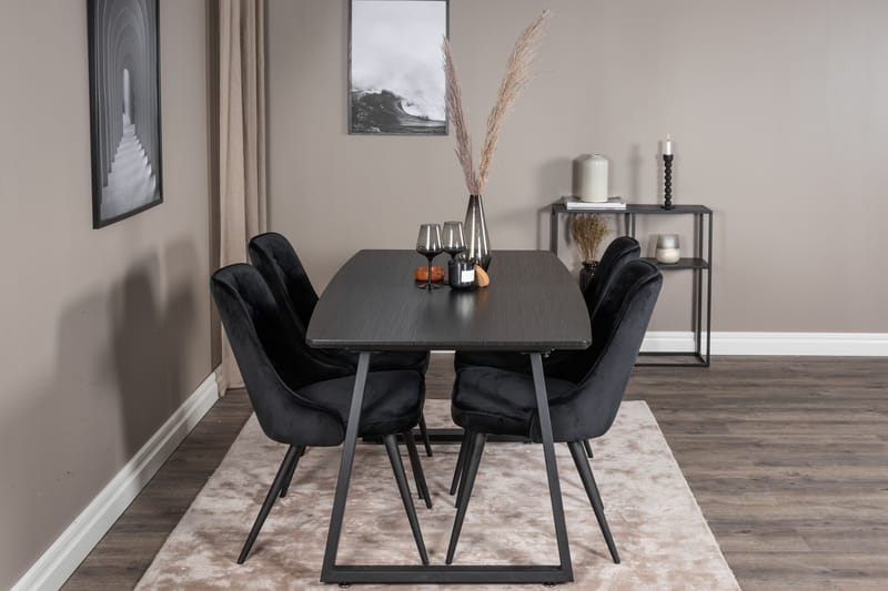 Ruokailuryhmä Venture Home Inca-jatkettava ruokailuryhmä 160 cm suorakaiteen muotoinen, sisältää 4 Velvet Deluxe -tuolia Musta - Huonekalut - Pöytä & ruokailuryhmä - Ruokailuryhmä